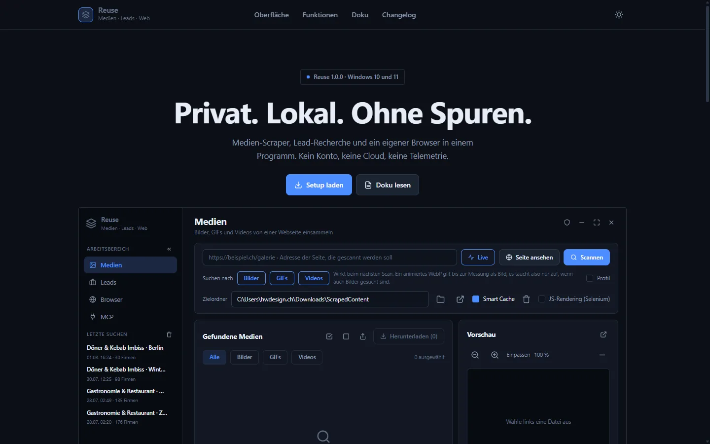 Startseite von Reuse mit der Überschrift «Privat. Lokal. Ohne Spuren.» und der nachgebauten Programmoberfläche darunter