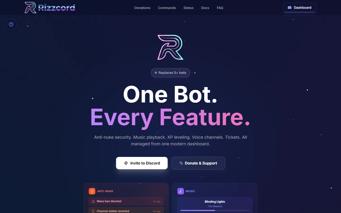 Startseite von Rizzcord mit der Überschrift «One Bot. Every Feature.» und Vorschaukarten für Anti-Nuke und Musik